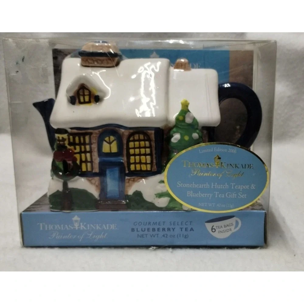 Thomas Kinkade Stone hearth Hutch Teapot Blueberry‎ Tea Gift Set 2006
